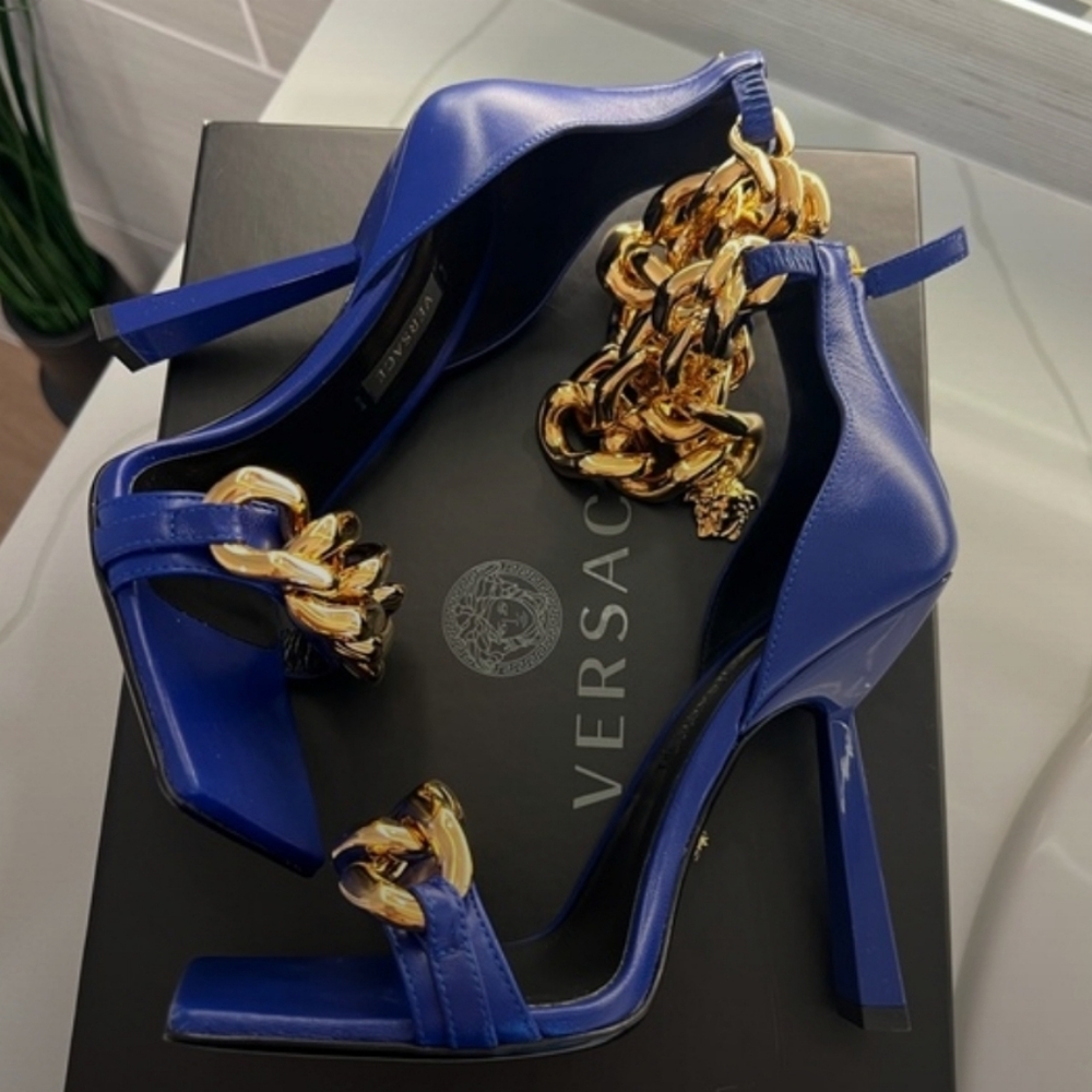Versace Medusa Chain High Heel Sandals Blue Size 36 1/2